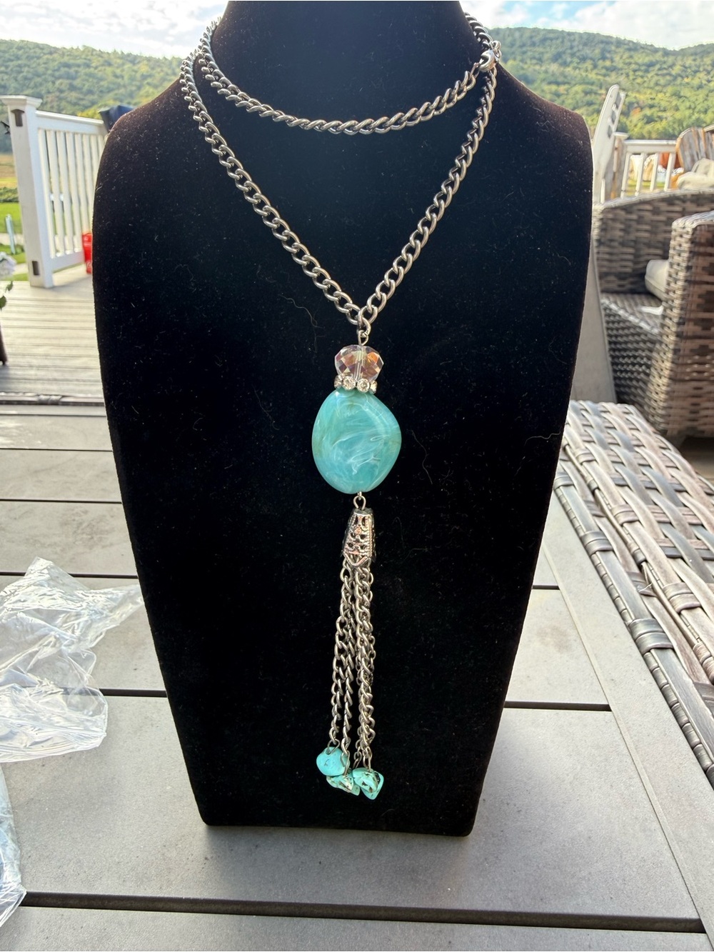 Silver Chain Necklace with Turquoise Pendant and Tassel